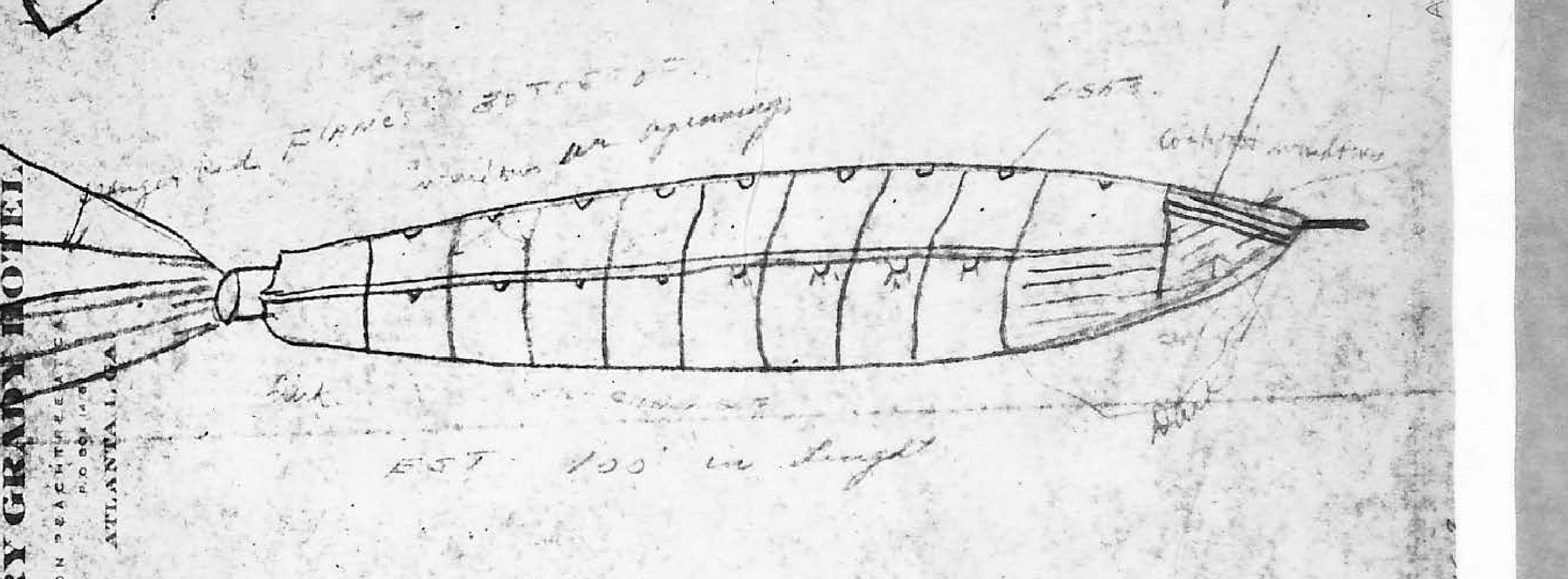 Sketch of a long, cylindrical object with a tail flame and windows, drawn on hotel stationery.