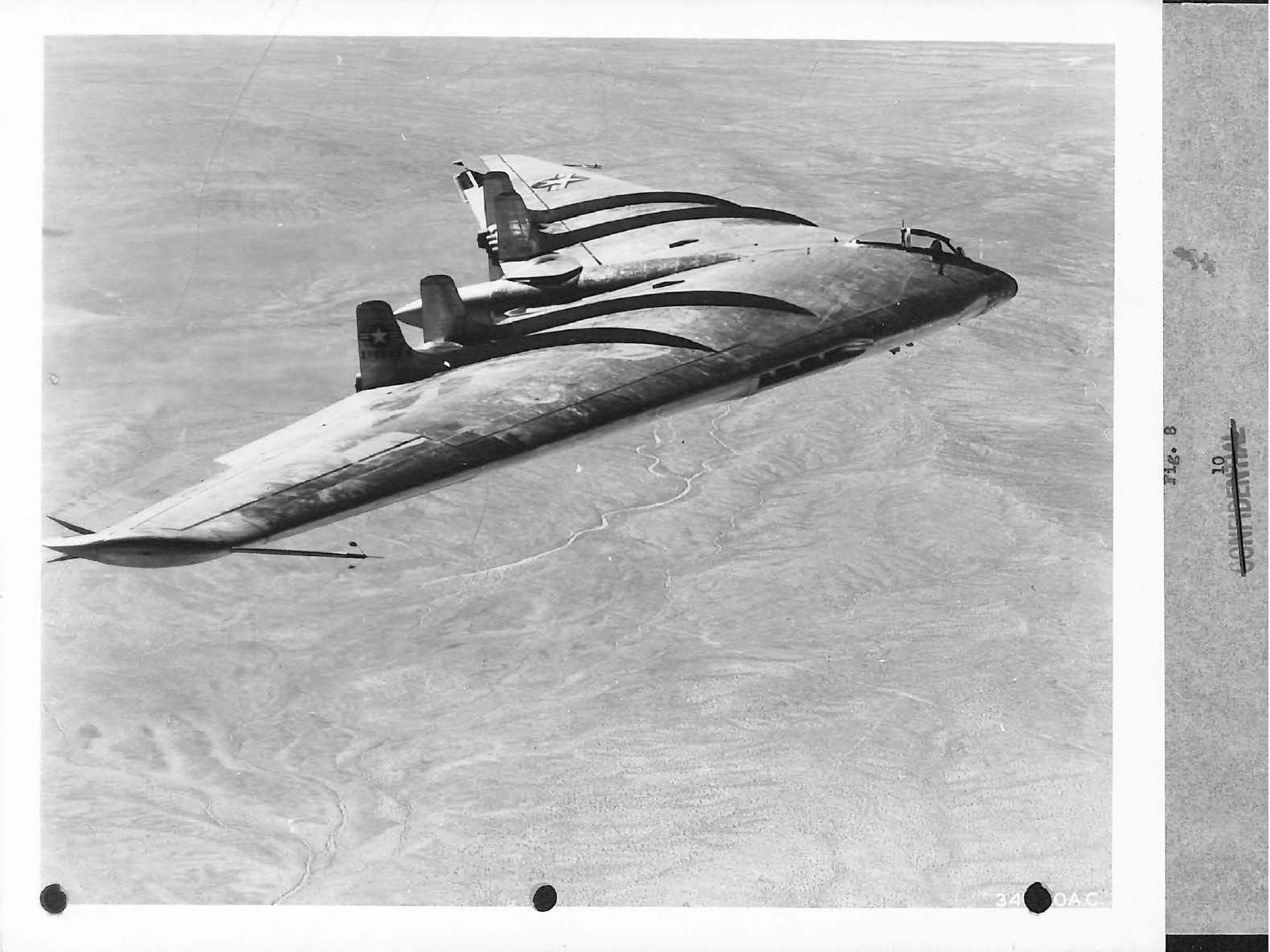 Photograph of the Northrop YB-49 flying wing in flight.