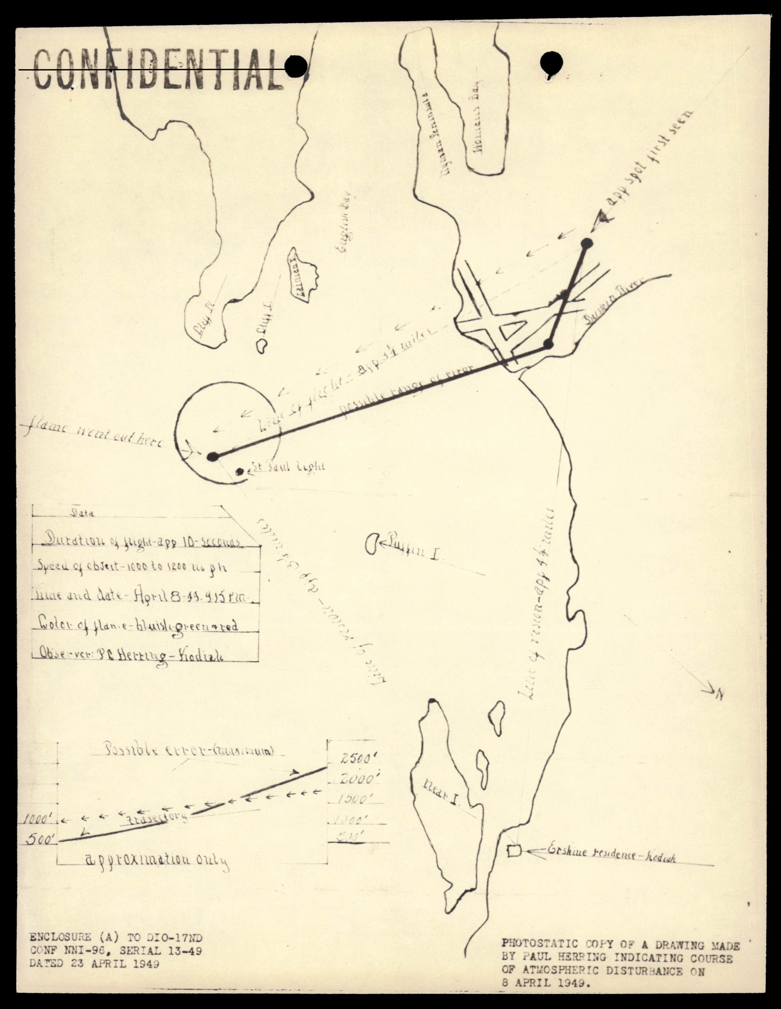 Hand-drawn map by Paul Herring indicating the course of a luminous object over Kodiak, Alaska on 8 April 1949.