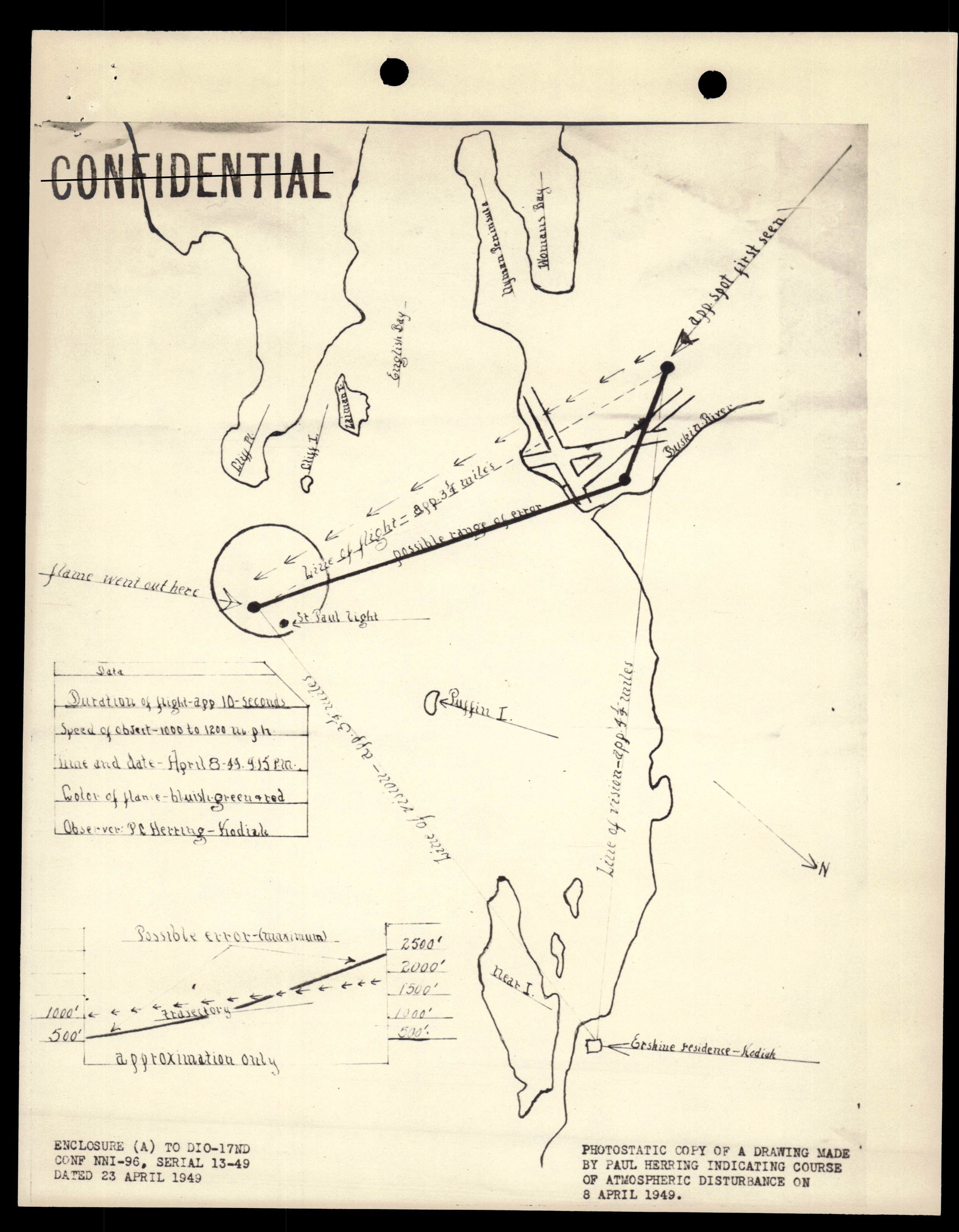 Photostatic copy of a hand-drawn map by Paul Herring indicating the course of a luminous object over Kodiak, Alaska on 8 April 1949.