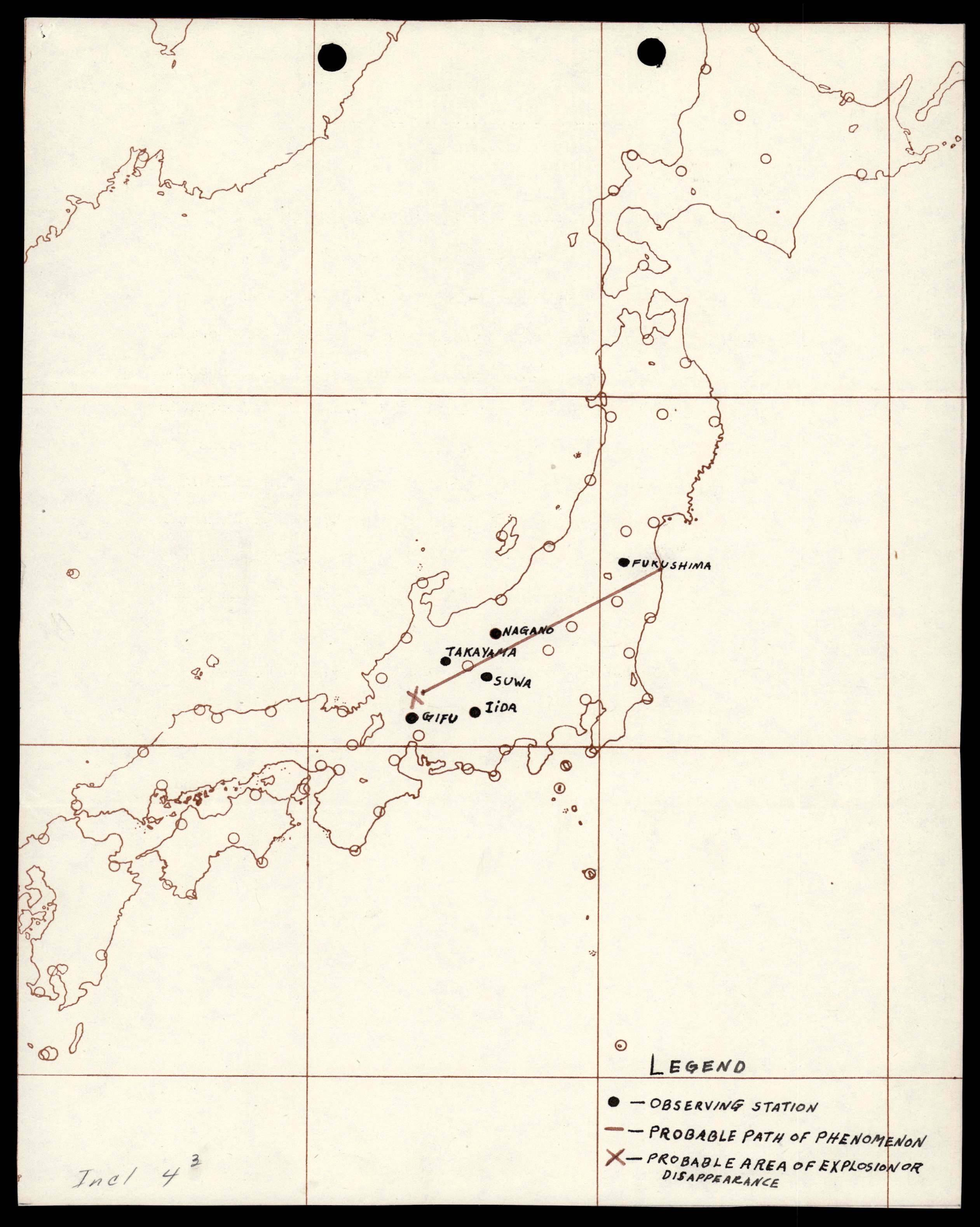 Hand-drawn map of Japan showing the locations of weather stations that observed a phenomenon, its probable path, and area of explosion or disappearance.