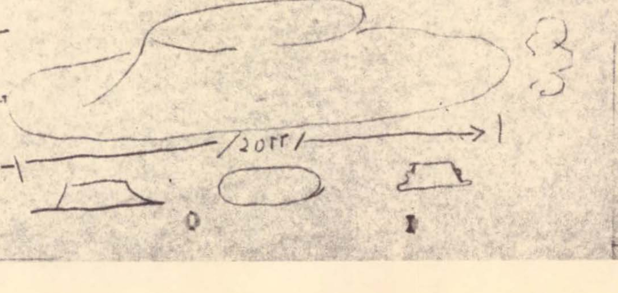 Hand-drawn diagram showing object trajectory with distance annotation of 20 ft
