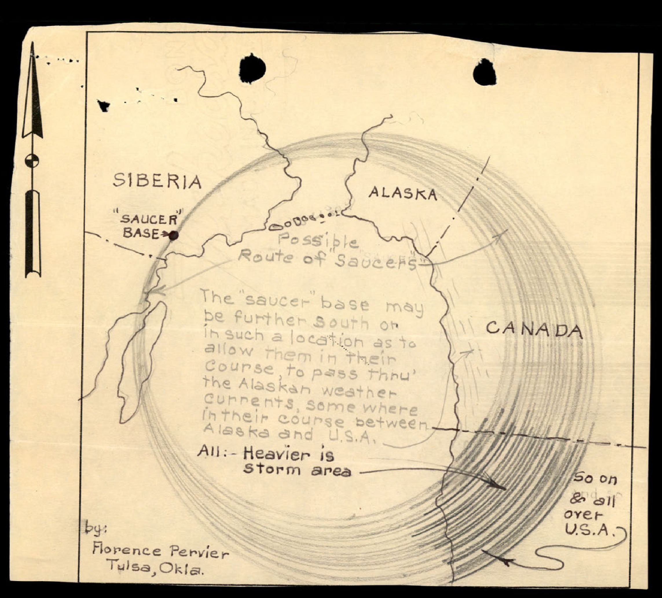 A hand-drawn map showing a possible route for 'saucers' from a base in Siberia, across Alaska, and into the U.S.A. and Canada.