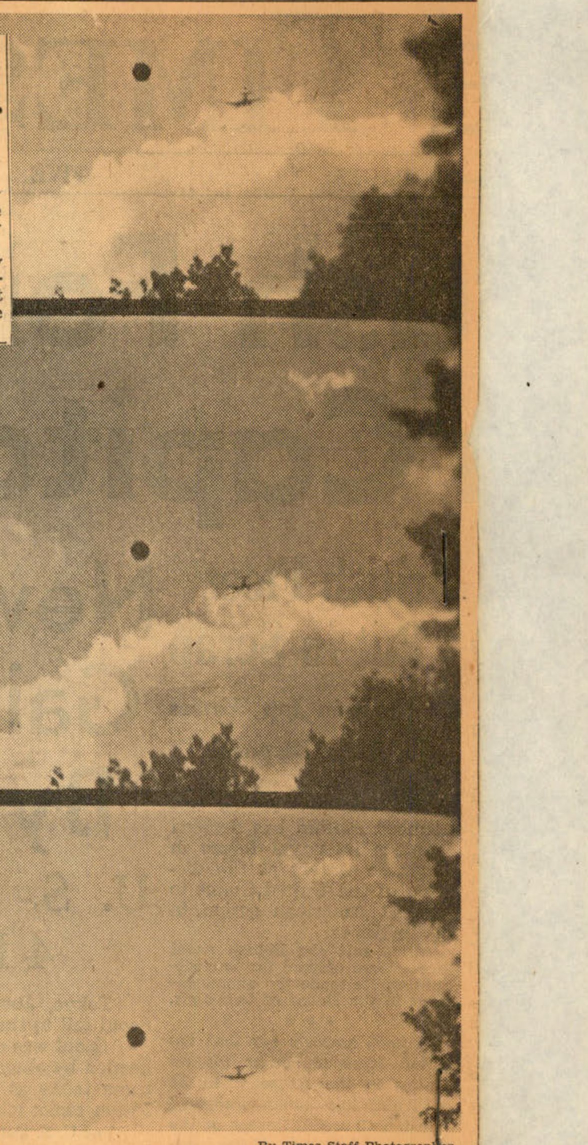 Three frames from a film showing a dark object in the sky.