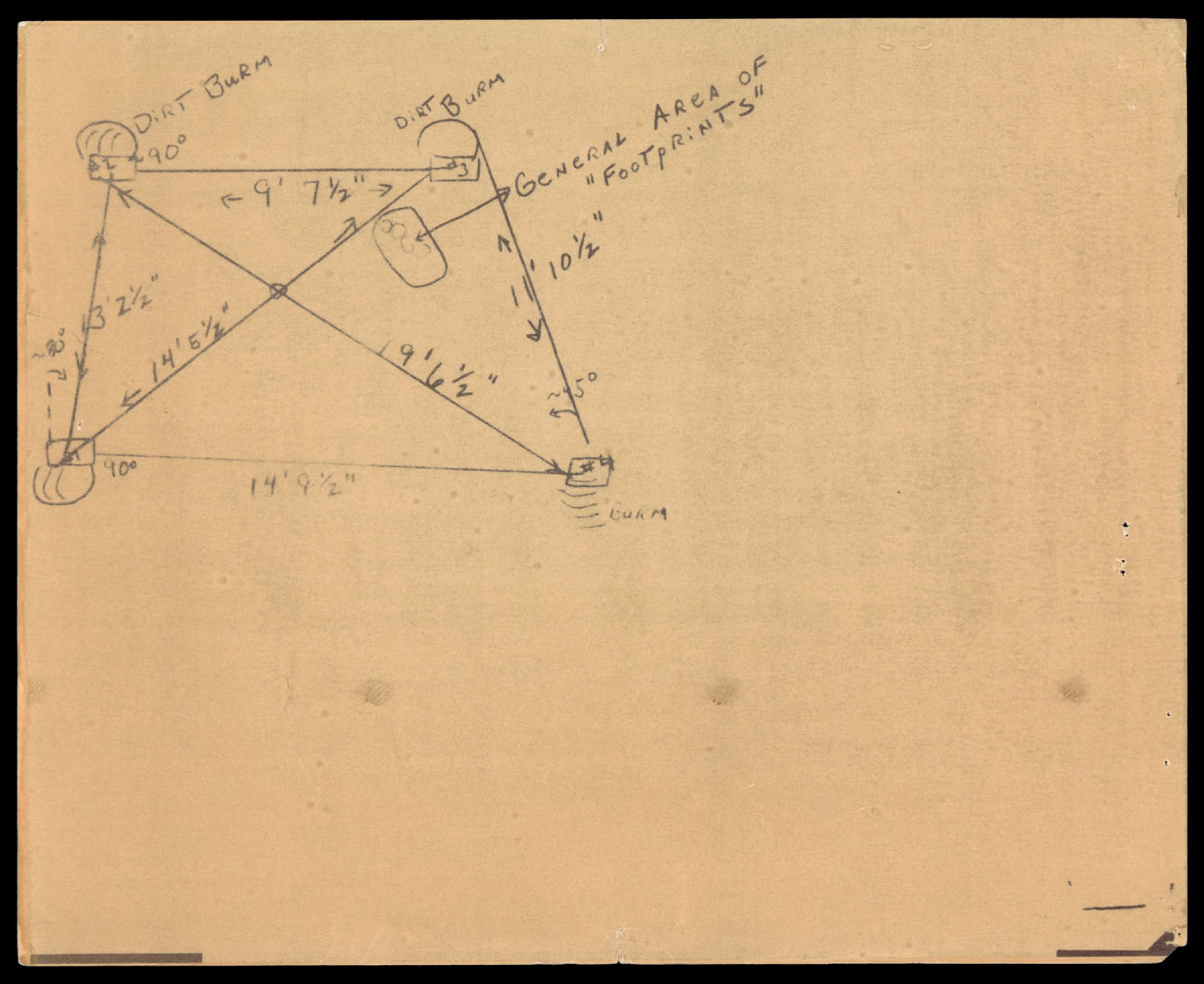 Hand-drawn diagram of landing site with measurements and labels for 'DIRT BURM' and 'FOOTPRINTS'.