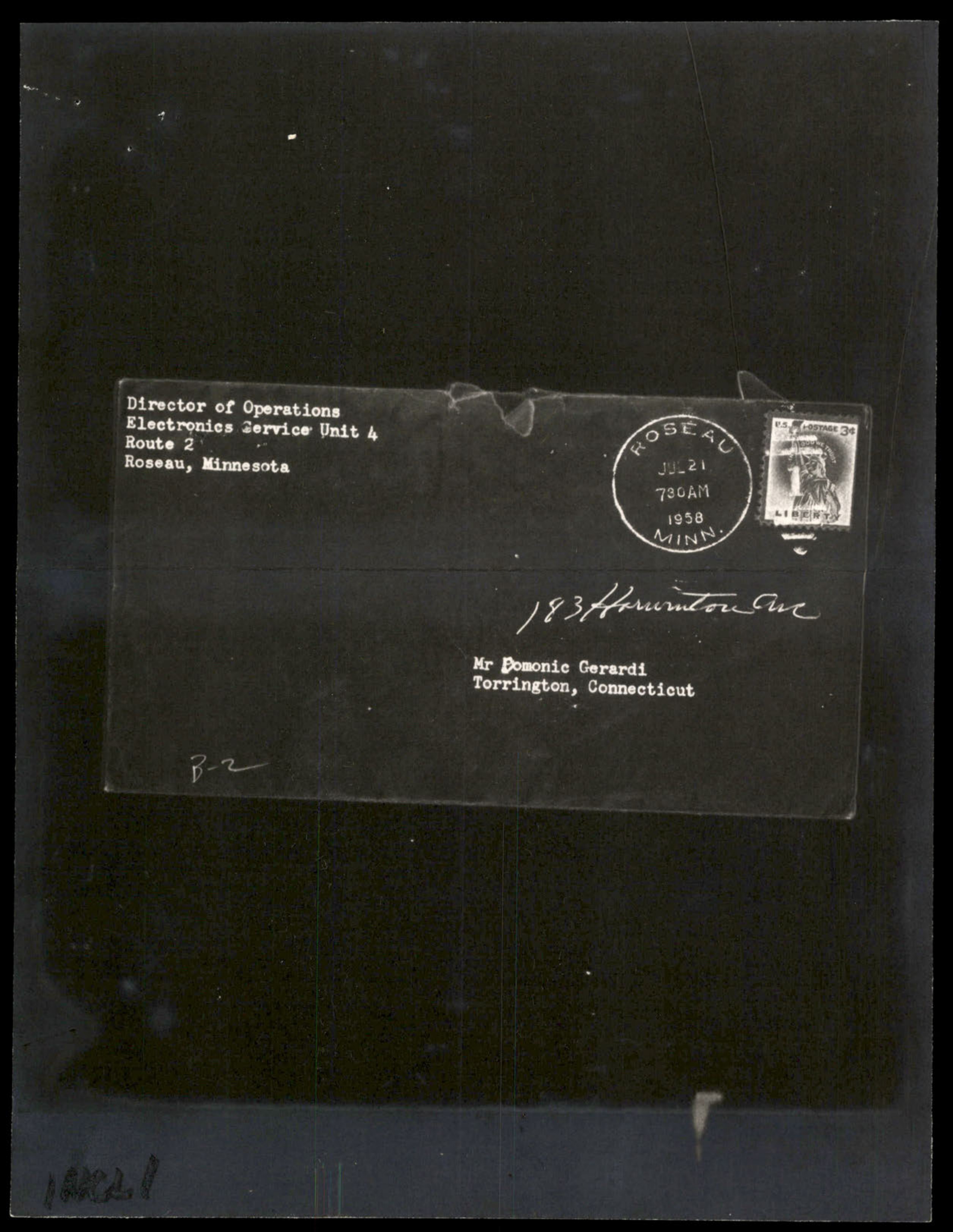 Photograph of an envelope addressed to Mr Domonic Gerardi in Torrington, Connecticut.