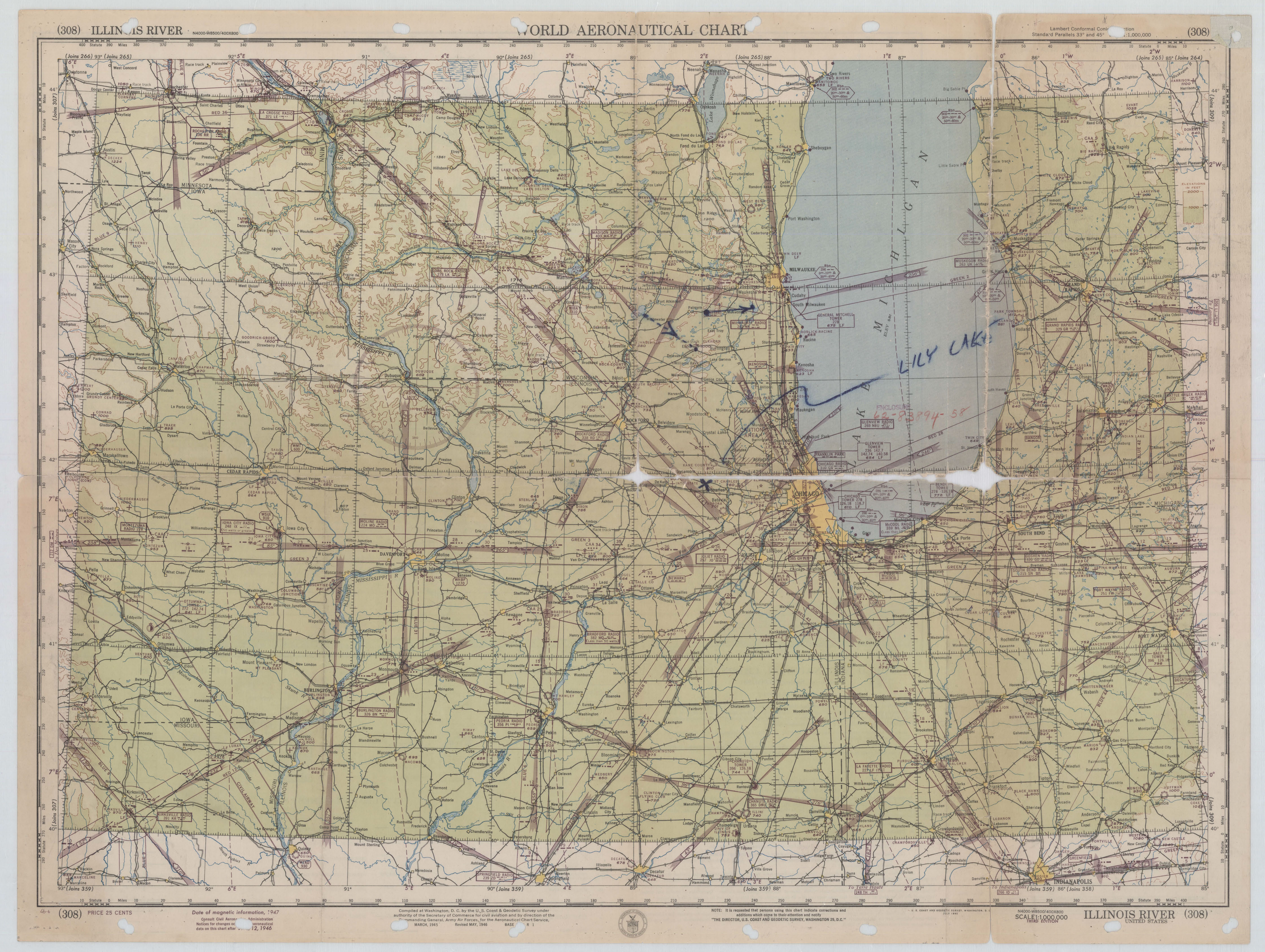 World Aeronautical Chart (308) showing Illinois, with 'LILY LAKE' handwritten and circled near Chicago.