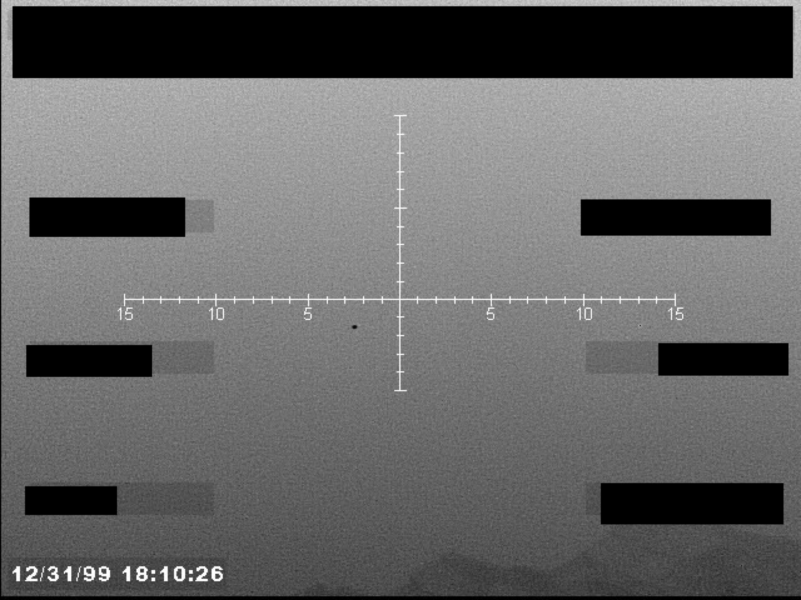 Sensor display with crosshairs, telemetry bars, and a timestamp, showing a small dark object near the center.