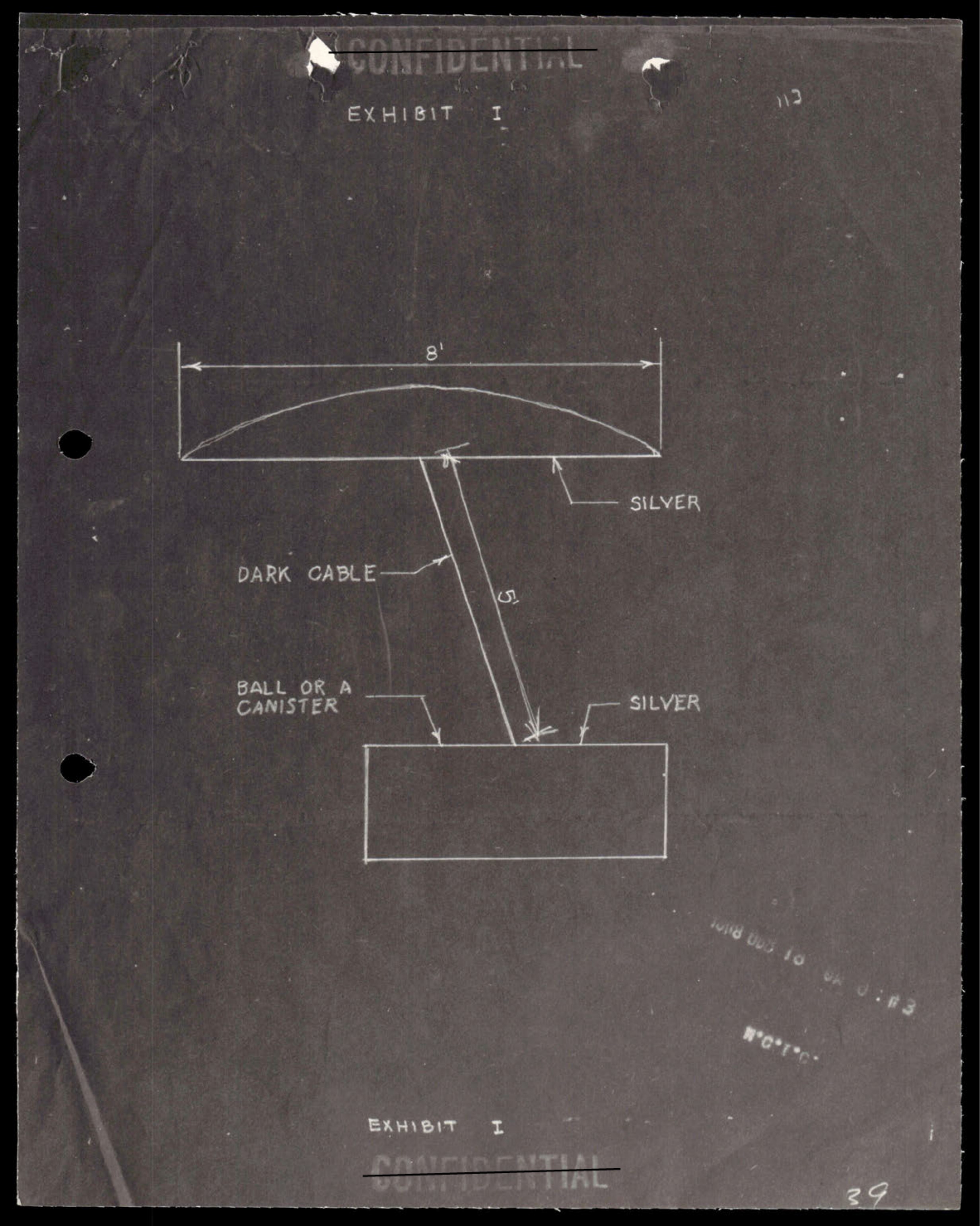 Technical diagram showing an 8-foot silver object with dark cable connecting to a ball or canister below