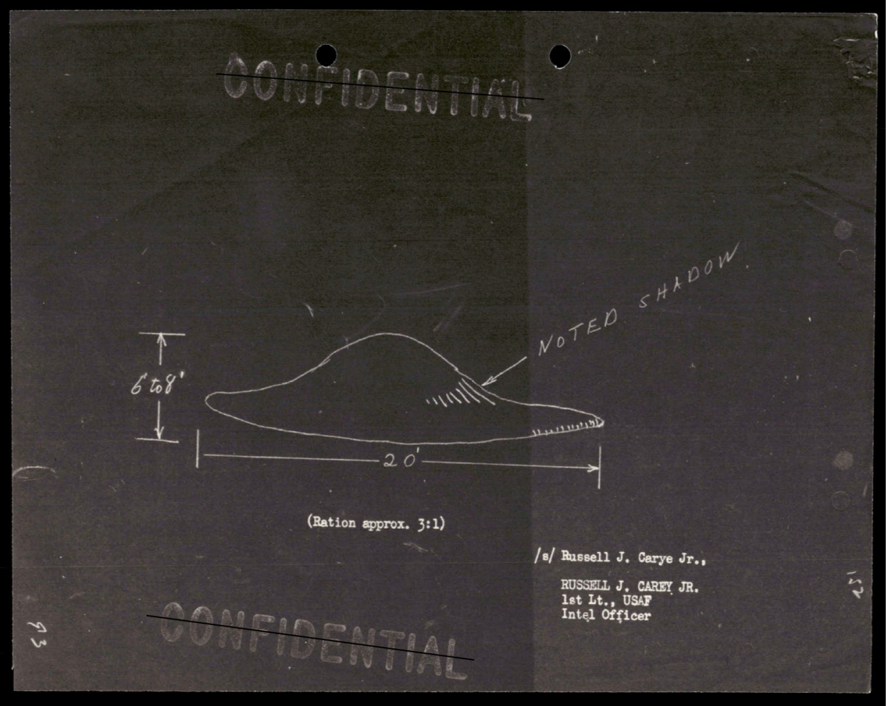 Technical sketch of disc-shaped object with dimensions: 6'8" height, 20' width, ratio approx. 3:1, with noted shadow