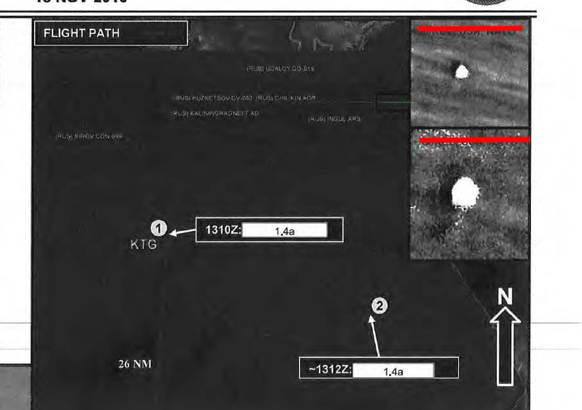 Diagram labeled 'FLIGHT PATH' showing the track of an object from KTG, with labels for Russian vessels (KIROV, UDALOY, KUZNETSOV, CHILIKIN, KALININGRADNEFT, INGUL ARS), and the US P-8A location at 1310Z.